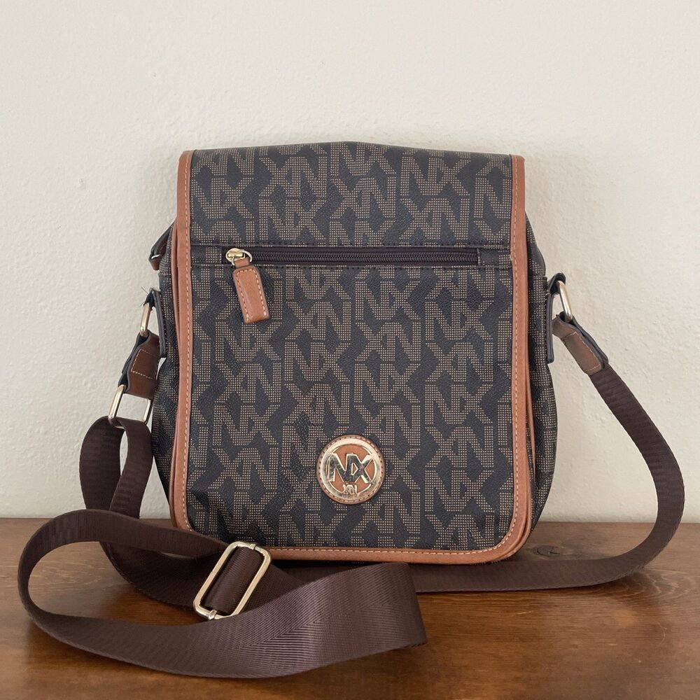 NX Brown Black All Over Logo Purse Crossbody Shoulder Sm Messenger Bag *READ*